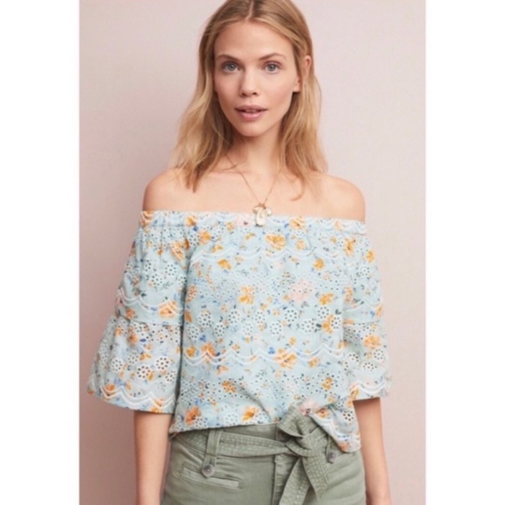 Anthropologie Laia Ashtabula Green Floral Print Cropped Ruffled Sleeve t…